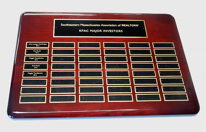 15 in. x 21 in. rosewood piano finish perpetual plaque with 48 black  brass plates for realtors association