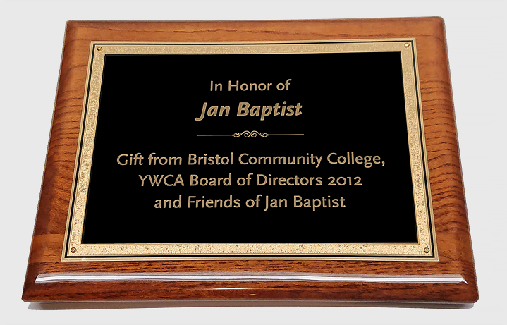 9 in. x 12 in. Laser engraved walnut piano finish plaque