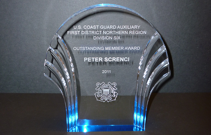Laser engraved blue shell acrylic recognition award
