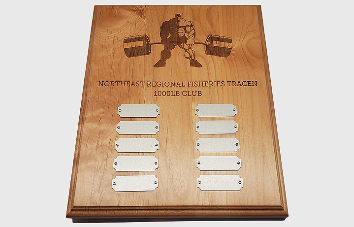 12 in. x 15 in. Laser engraved custom alder perpetual plaque with 12 plates