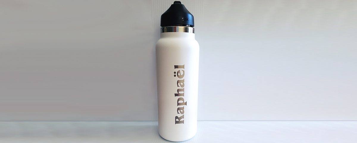 Laser engraved Hydroflask water bottle.